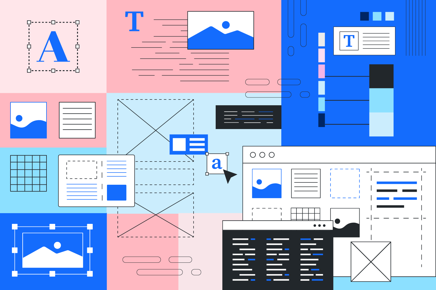 Illustration of a design system layout with text, image placeholders, colour palettes, and interface elements