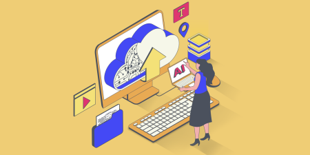 Graphic of a woman standing in front of a computer screen, holding a laptop that says AI