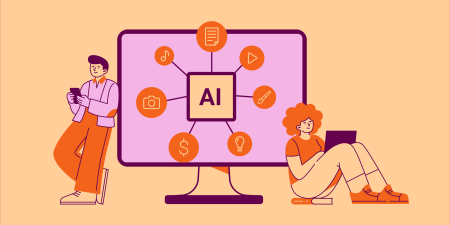 Illustration of two people, one with a phone and one with a laptop. Between them is an icon with the word AI in the centre.