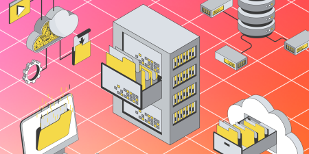 Illustration showing cloud computing infrastructure: a desktop computer, server racks with folders, cloud icons, and database servers connected by network cables, set against a pink-to-orange gradient background with a grid pattern