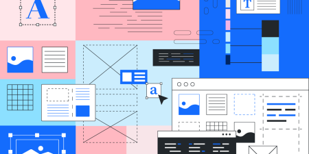 Illustration of a design system layout with text, image placeholders, colour palettes, and interface elements