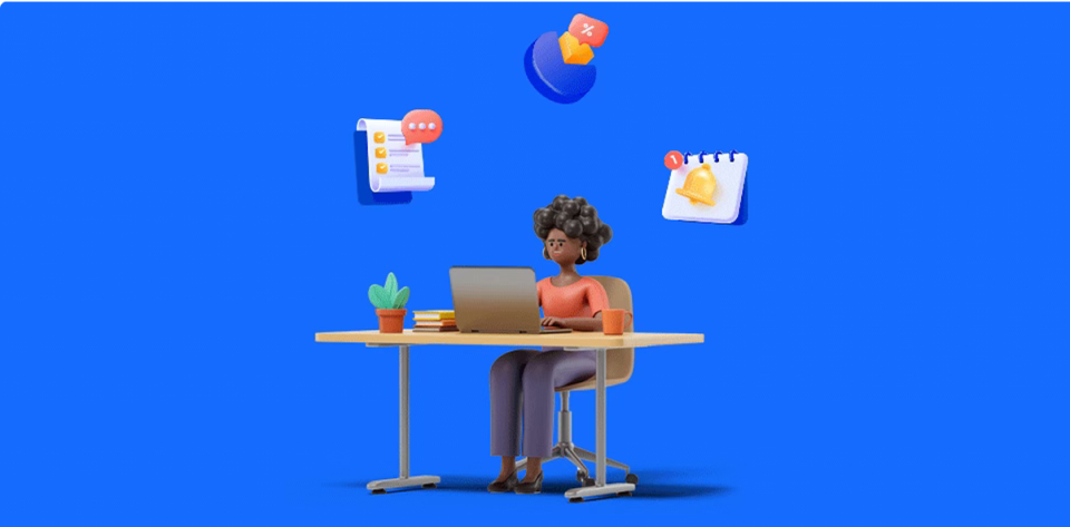 3D illustration of a person sitting at a desk using a laptop with floating productivity icons on a blue background