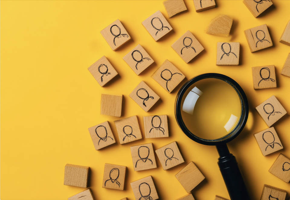 Photo of a magnifying glass on a yellow background, surrounded by wooden blocks featuring outline sketches of portraits