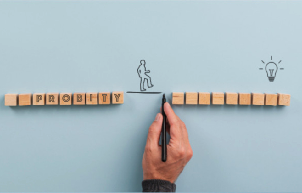 Photo of a hand drawing a line connecting wooden blocks spelling 'PROBITY' to a lightbulb icon, symbolising bridging integrity and innovation.
