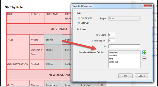 Link associated Header cell IDs by choosing the green plus button