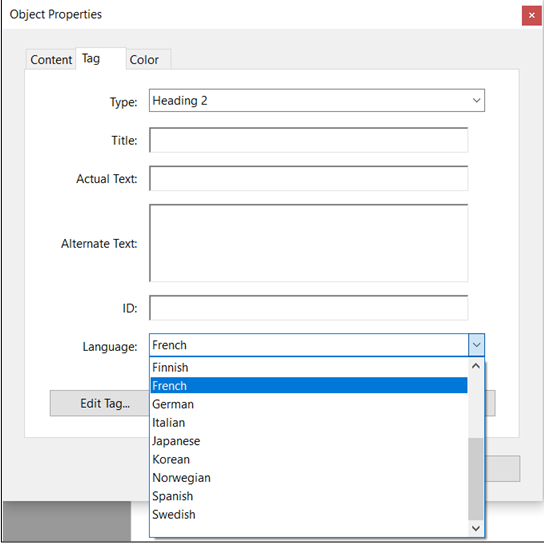 In object properties choose tag, then a language from the language drop-down list