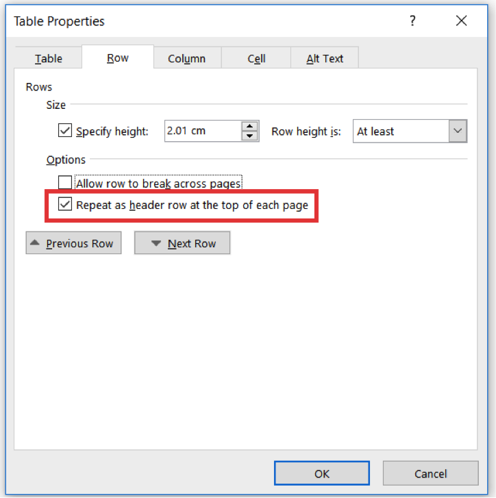 Screen shot of the table properties dialog with the repeat header row check box selected