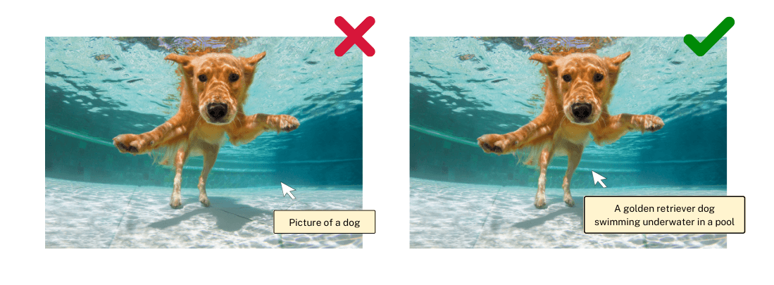 Two of the same photo side by side of a golden retriever dog swimming underwater. One displays the incorrect way to write alt text and one displays the correct way to write alt text