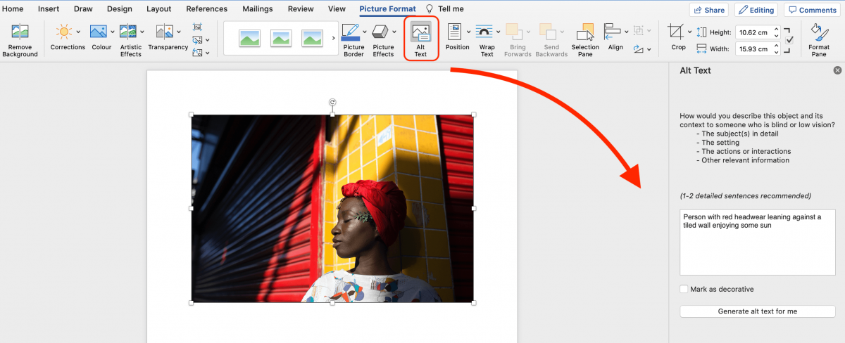A document in Microsoft Word displaying an image of a woman enjoying some sun against a tiled wall. The document has helpful markups to guide users on where to add in the alternative text