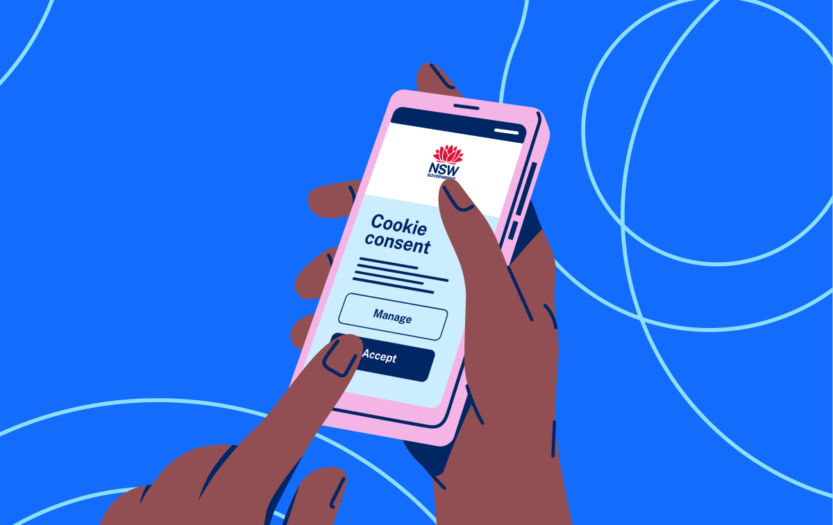 Illustration of hands holding a smartphone showing the NSW Government cookie consent interface