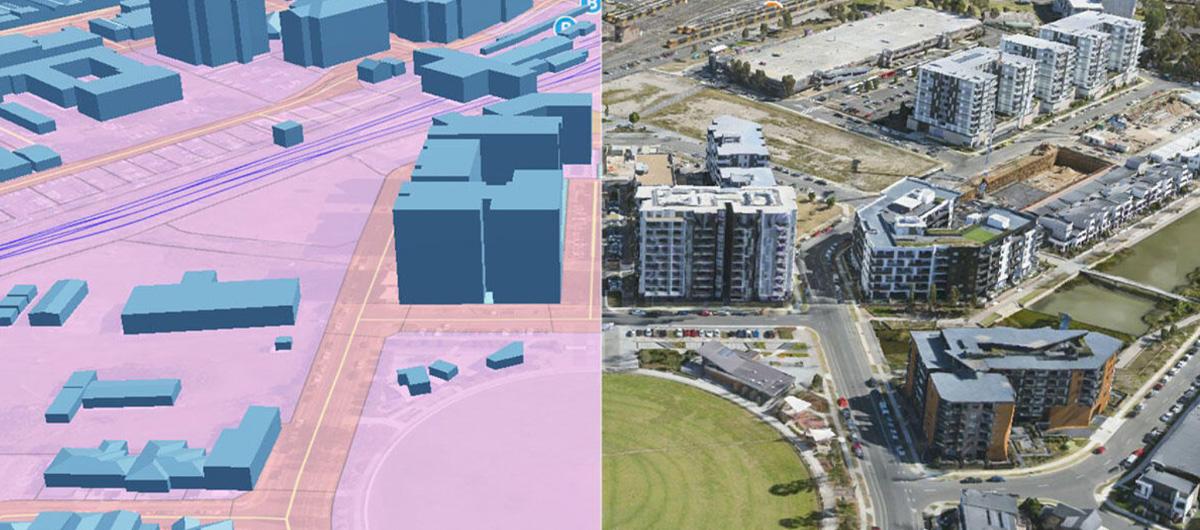 Split image of a 3D digital city map with blue buildings and pink streets beside an aerial photo of a modern urban area