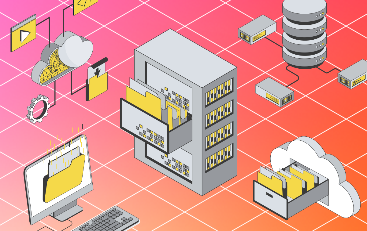 Illustration showing cloud computing infrastructure: a desktop computer, server racks with folders, cloud icons, and database servers connected by network cables, set against a pink-to-orange gradient background with a grid pattern