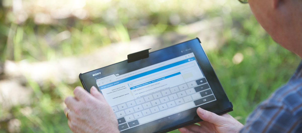 Photo of a person holding a tablet outdoors with a form and keyboard on screen