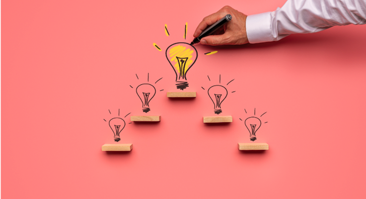 Drawn figure walking up steps with light bulbs symbolizing ideas above | Test and Buy Innovation | Digital NSW