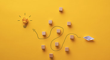 Hand-drawn path from idea to outcome with light bulb and paper boat | Test and Buy Innovation | Digital NSW