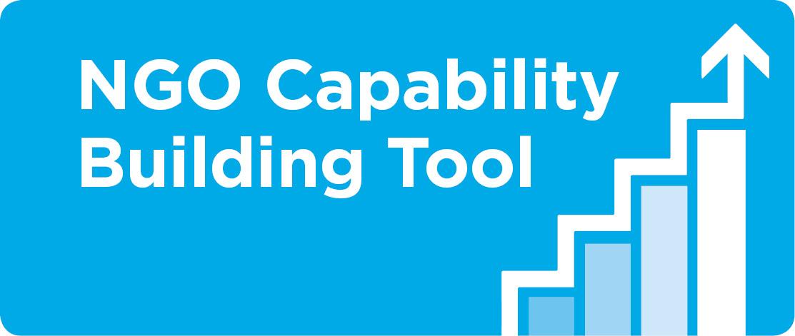 "NGO Capability Building Tool" in white letters on blue background, plus graph icon