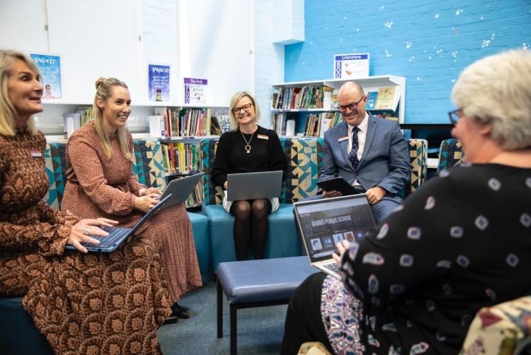 (from left to right) Dubbo Public School Principal Debbie Pritchard, Assistant Principal Stacey Barlow, Assistant Principal Deborah Duffy, Deputy Principal Brent Eather, and Teacher Librarian and DCO Robyn Veugen.
