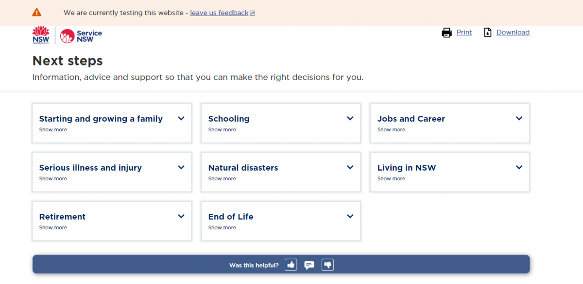Screenshot of Next Steps homepage with eight categories to click on: starting and growing a family, serious illness and injury, retirement, schooling, natural disasters, end of life, jobs and career, and living in NSW.