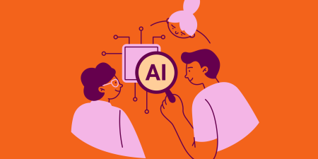 Illustration of a man and woman looking at a computer screen with a magnifying glass