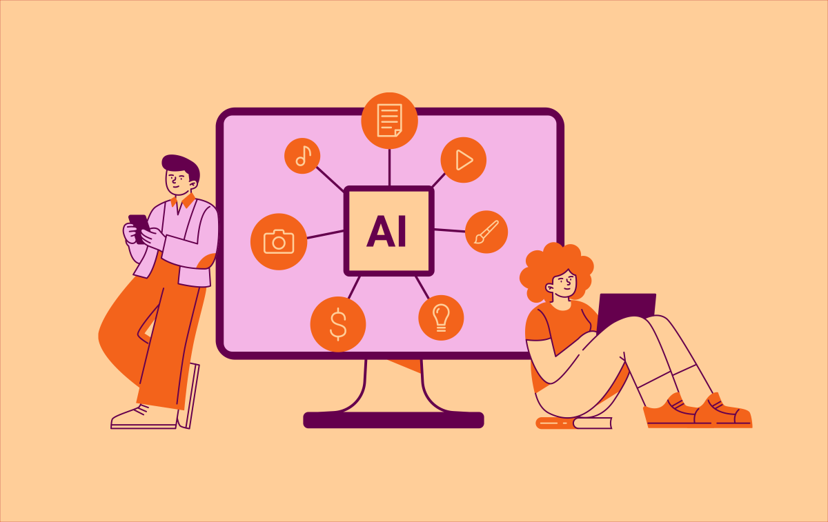 Illustration of two people, one with a phone and one with a laptop. Between them is an icon with the word AI in the centre.