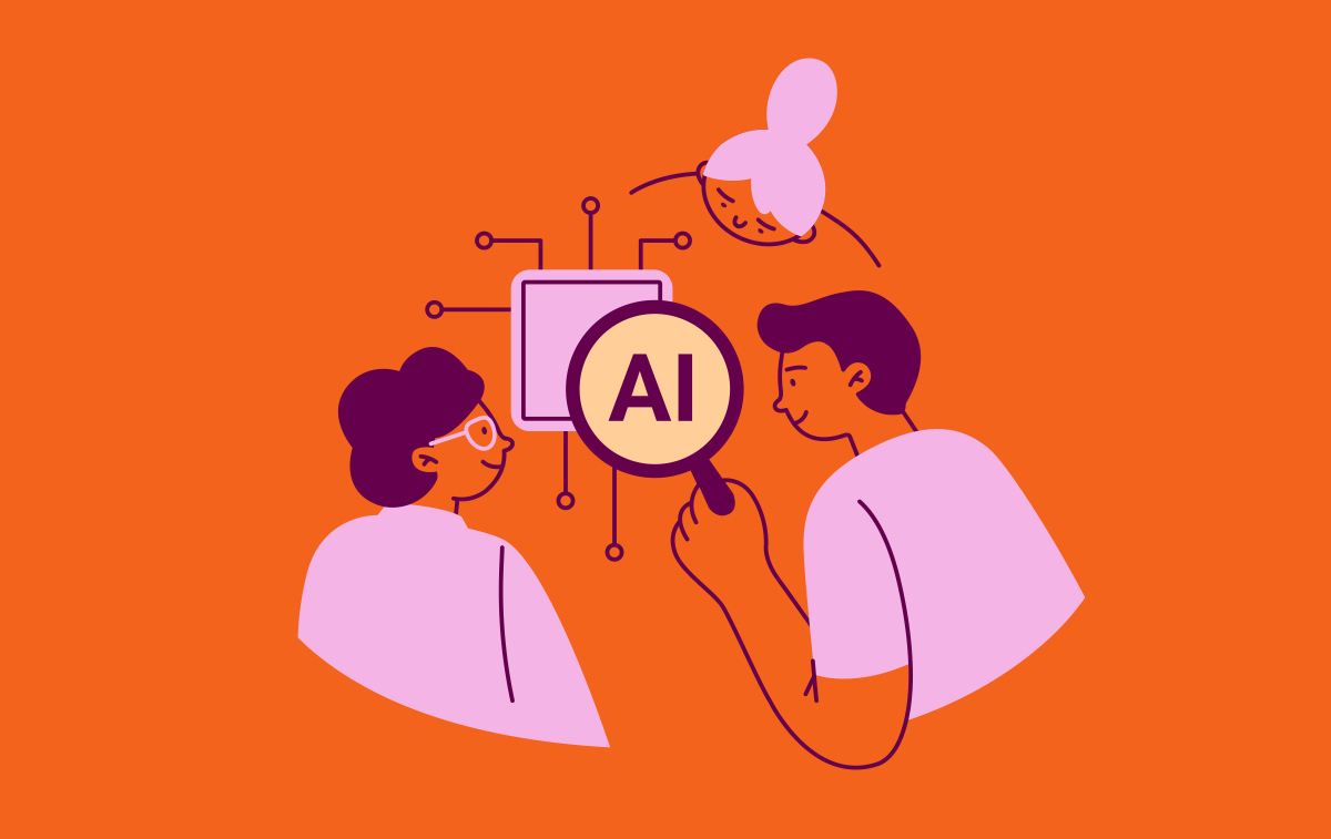 Illustration of three people huddled together. One person is holding a magnifying glass over the word AI.